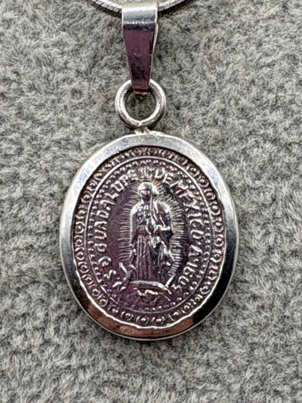 Vintage Sterling Silver Our Lady of Guadalupe Oval Medallion Pendant Necklace